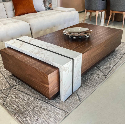 Table Basse Noyer & Marbre Blanc 1