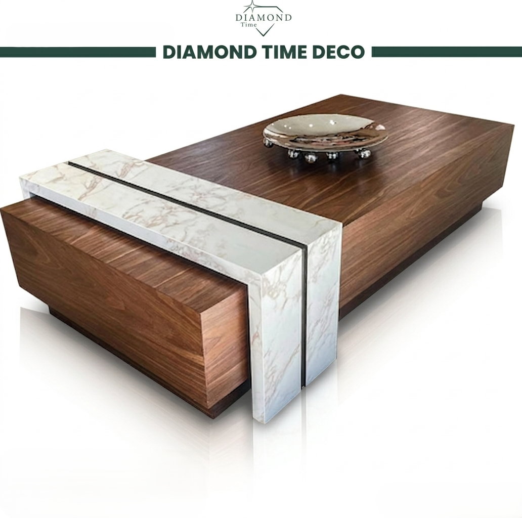 Table Basse Noyer & Marbre Blanc