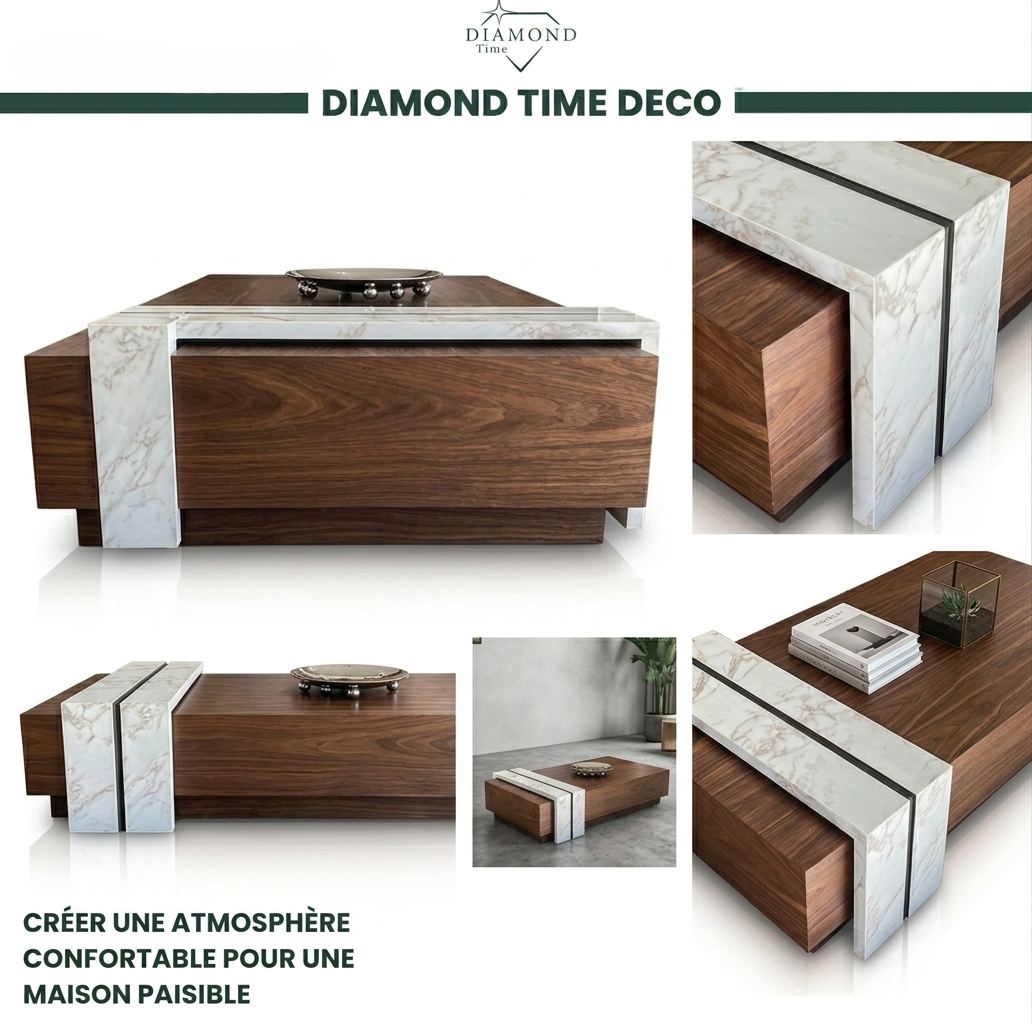 Table Basse Noyer & Marbre Blanc 2