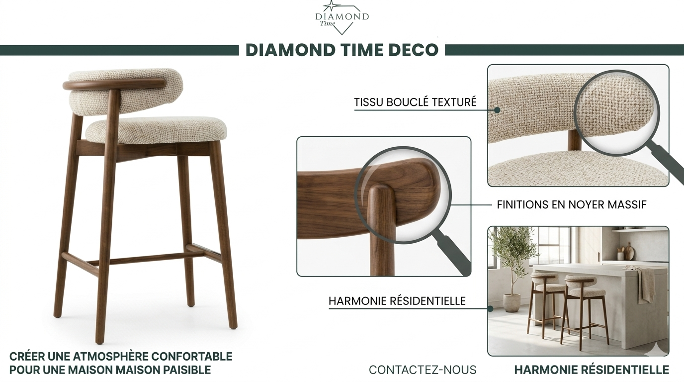 Le Tabouret de Bar Alma en Noyer et Bouclé 2